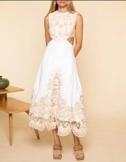 Budget 🧨 Zimmermann 👩 women Jeannie Embroidered Yoke Midi 👗 Dress in Ivory 💯