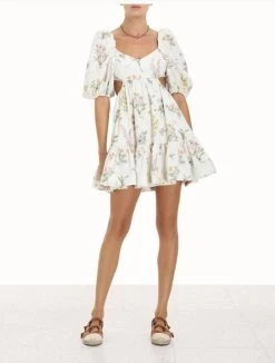 Cheap 🤩 Zimmermann 👩 women Jeannie Puff Sleeve Mini 👗 Dress in Bouquet Floral 👏
